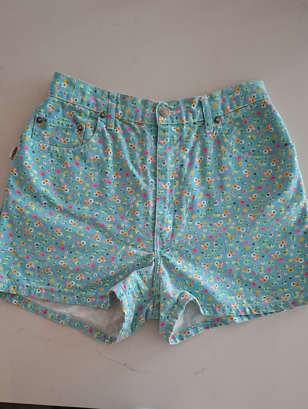 Vintage Y2K Naf Naf High-rise Turquoise Ditsy Floral Denim Shorts (Size US 26)
